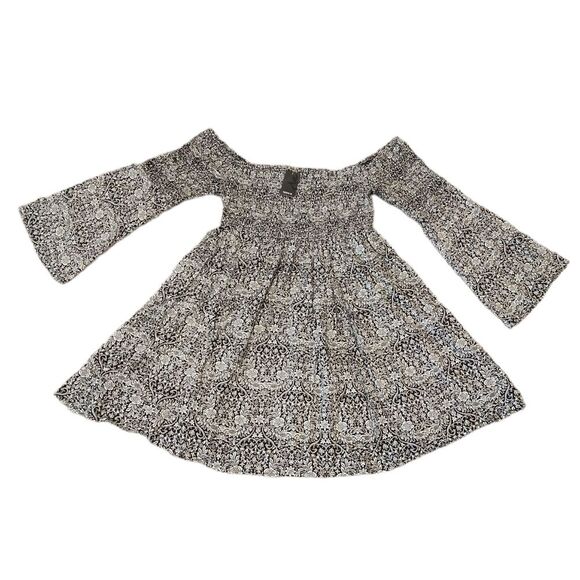 NWT 70's Inspired LCAS Abstract Smoked Bodice Bell Sleeve Dress - Picture 2 of 12